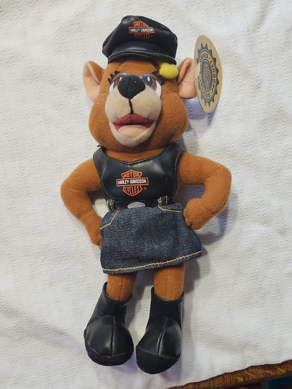 Harley-Davidson Brown Plush Bear with Black Vest and Blue Denim Skirt
